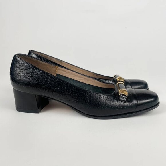 Salvatore Ferragamo 1980s Vintage Black Embossed Leather Pumps Sz 6.5 A - Picture 2 of 8